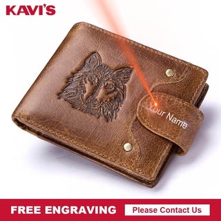 KAVIS Brand Free Engraving Genuine Leather Trifold Men Wallet Coin Purse Male Zipper Walet Portomone