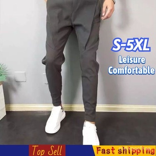 【ins】pants cargo pants hight waist pants Lelaki Casual New solid color casual slim-fit elastic waist