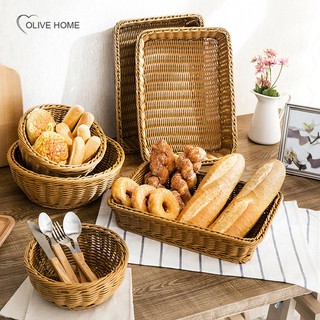 Hot Rattan Bread Basket Round Woven Tea Tray With Handles For Serving Dinner Parties Coffee Breakfast