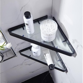 【spot goods】■✟✘Bathroom Shelf Aluminum Shower Shelf Glass Shower Shelf Black Finish Storage Suction
