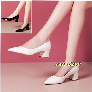 Korean Women Pointed Toe Black Office Work Block Heels Shoes White Heels