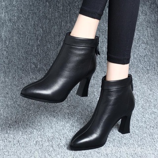 All-Matching Autumn High Heel《Genuine Chunky Heel Boots Soft Leather Boots in Stock with Velvet Wome
