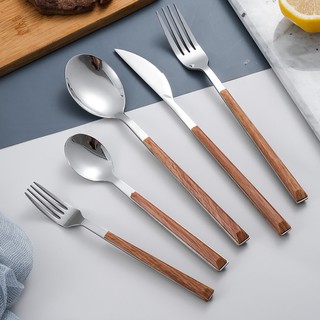 Creative stainless steel imitation wood handle knife fork spoon Western tableware dessert cutlery set