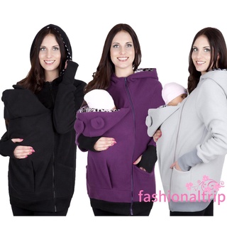 NOW-Women Pregnant Hoodies Coat Solid Color Zipper Closure Kangaroo Pocket Long Sleeve Outwear Protect Baby Clothes