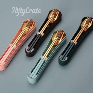 [FANI] 4in1 Set Stainless Steel Utensil Set/Plain Colored/Spoon/Fork/Chopsticks/Knife/container
