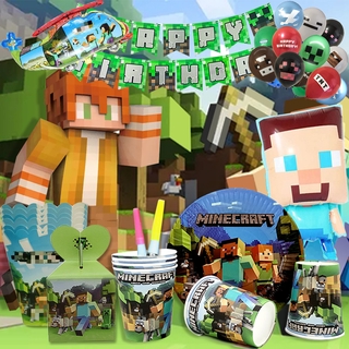 NEW Minecraft Theme Kids Birthday Party Supplies Banner Balloons Disposable Tableware Banner Straws Toys PaperCups Tablecloth