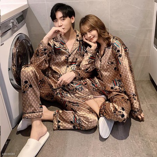 ▤◙☍M-5XL Plus Size Couple Pajamas Golden Mickey Silk Cardigan Sleepwear Satin Ilang pajama terno