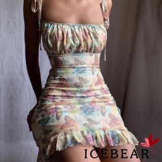 ✸ღ✸Women´s butterfly print tube top fashion sexy chiffon ruffled suspender dress