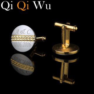 Qi Qi Wu Gold Personalized Cuff links for Men Customized Jewelry Gifts Golden Wedding Cufflinks Engraved Name Record Initials