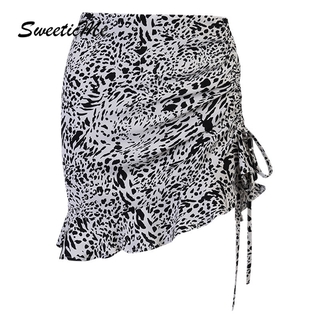 SweeticMe Women's 2021 New Leopard Print Design Sense Drawstring Sexy Leopard Print Skirt