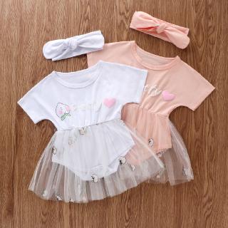 Dress +Headbands Newborn Girl 2 PCs Summer Mesh Dress Romper Infant Lovely Peach Sundress