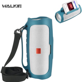 WALKIE Silicone Case for JBL Charge 4 Portable Waterproof Wireless Bluetooth Speaker, Travel Carrying Case Pouch Speaker Cover with Handle Adjustable Shoulder Strap and Phone Holder Stand(Blue)