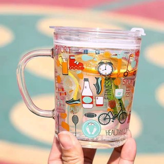Cute cartoon glass cups with straw and lid