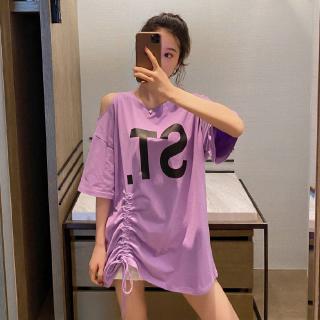 【Plus Size/3Colors/40-150kg】Oversized Korean Style Women Plus Size Off Shoulder T-shirt with Gathered Wasitlines Round Neck Short Sleeves BIg Loose Letter Printed Sexy Tee Maternity Pregnancy T-shirt Casual Top Soft Fashion Fat Size T-shirt Pajamas (1)