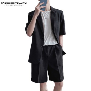 INCERUN Men Fashionable Korean Style Short Sleeve Blazer +Shorts Street Set