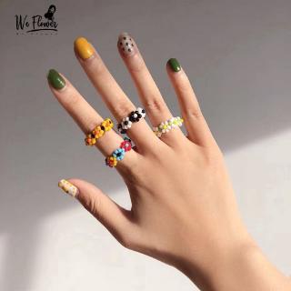 We Flower 2020 Handmade Colorful Beads Flower Rings Korea Fashion Hit Elastic Finger Rings for Women Girls Stretch Weave Style Ring
