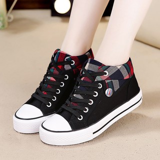✟2020 spring new high-high help canvas shoes women''s plaid girl casual breathable sports board