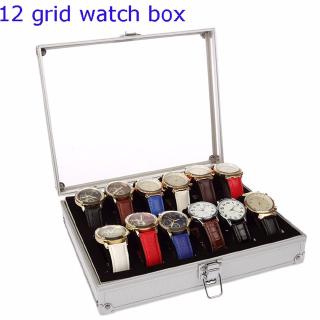 2a3X 12 Slots Grid Acrylic Lid Aluminium Watch Jewelry Display Box Storage Case Organizer (1)