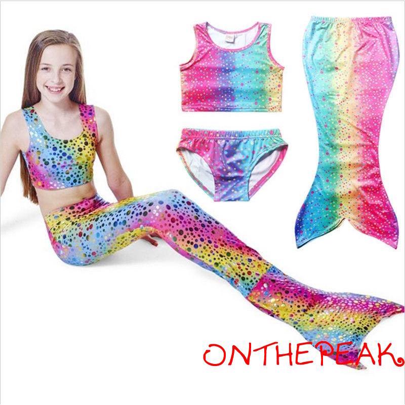 HPK-Girls Kids Mermaid Tail Swimmable Bikini Set Swimwear