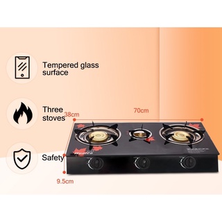 GOLDHORSE 3 Burner Gas Stove Oil Proof and Anti-rust Tempered Glass Top Panel 4.0Kw Firepower