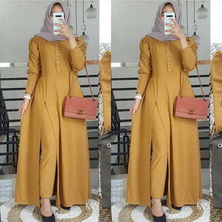 Jersey Plain Pattern Long Sleeve Dress and Pants Terno for Woman
