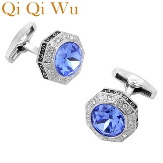 QiQiWu Luxury Blue Crystal Cufflinks for Mens Wedding Favor French Shirt Cuff Buttons Men Silver Arm Cuff links Christmas Gifts