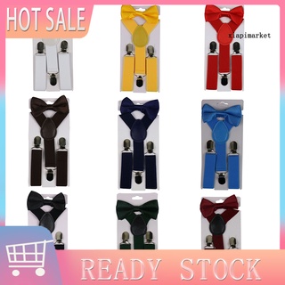 LI_ 2Pcs/Set Solid Color Kids Boy Girls Clip-on Y-Shape Elastic Suspenders Bowtie