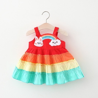 Spot 2021 Girls' Summer Dress Children's New Cute Cartoon Bunny Cloud Decoration Contrast Color Stitching Rainbow Suspender Skirt Is Suitable for Children From 9 Months To 3 Years Old