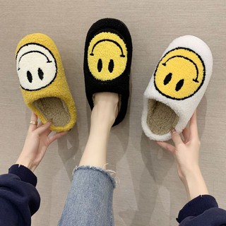 ❂❄♘Smiley face autumn and winter plush plush couple cotton slippers female bag with home cute thick-