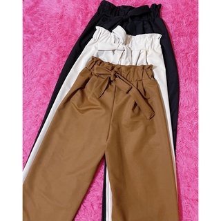 Frilled high waist wide leg pants with Ribbon ( Big Size )