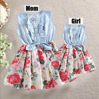 With childrenNew Mother Daughter Matching Clothes Sleeveless Floral Patchwork Sundress Mom Kids