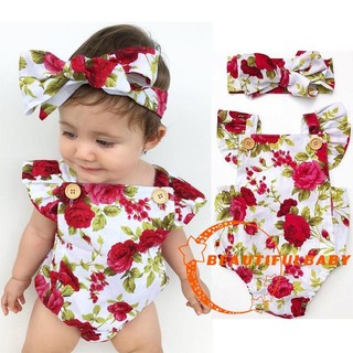 AFU-Toddler Baby Girls Ruffle Sleeveless Romper Floral Square Collar Button Bodysuit + Headband
