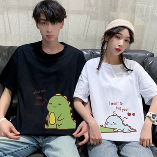 DOUBLEPING【Ready Stock】Couple T-shirt Cartoon Dinosaur Printed Tshirt Summer Graphic Short Sleeves Shirt Loose Plus Size Tee Top