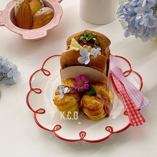 Ceramic Retro Red Edge Flower Shape Dinner Plate Simple Dessert Dish Household Fruit Plates Cake Bre (3)