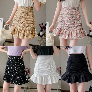 Summer floral short skirt, female A-line skirt, high-waisted ruffled ruffled skirt