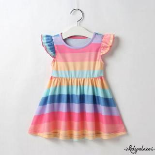 ➤♕❀❤Cute Toddler Baby Girl Clothes Rainbow Stripes Cotton Dress Summer Tutu Skirt Dress