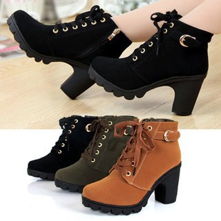TMR Girl Women High Top Heel Lace Up Ankle Boots Suede Shoes