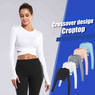 【COD√Ready stock 】Croptop bodybuilding long sleeve for women smocked top quick drying fitness dancing yoga