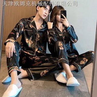 ◎№♤M-5XL Plus Size Couple Pajamas Golden Mickey Silk Cardigan Sleepwear Satin Ilang pajama terno (3)