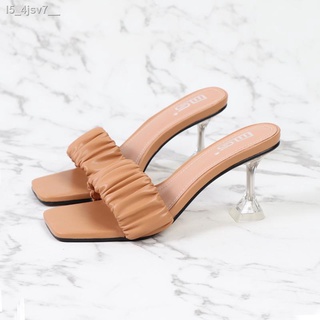 High heel☾2021 Fashion Pleated Summer Sandals Women Open-toe Street High Heels Transparent Crystal H