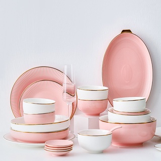 White Porcelain Dinner Dishes and Plates Set Luxury Gold Inlay Pink Ceramic Plates for Food Salad