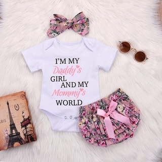 Summer Baby Girl Casual Short Sleeve Letter Print Romper Tops Floral Briefs Shorts With Headband Outfits Set