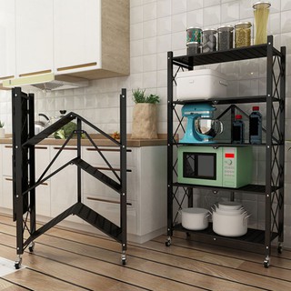 Kitchen Shelf folding multi layer pot rack microwave oven storage rack with wheels movable
