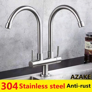 Wall-mounted kitchen faucet 304 stainless steel single cooling double pipe 360° rotating water tap