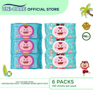 UniLove Baby Wipes Combo 100's (Unscented and Summer Wipes Boy) Pack of 6