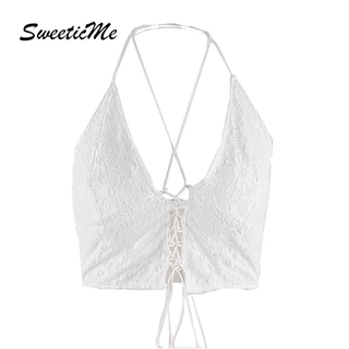 SweeticMe Women's 2021 New Sexy V-neck Lace Halterneck Tether Ultra-short Cotton Halter Top