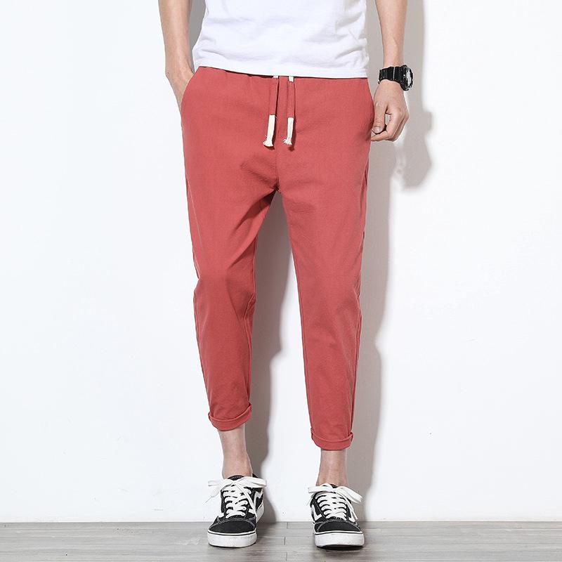 Mens Cotton Linen Solid Color Slim Fit Casual Pants (3)