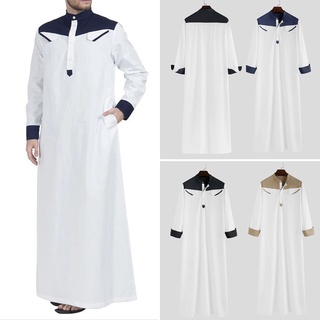 New Muslim Men's Loose Stand up Collar Shirts Long-sleeved Robe Ethnic Style Middle Eastern Splicing Tall Fit Shirt Tops (8)