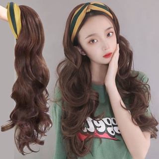 SUNNI Wig Hair Woman Long Curly Hair Big Wave Lazy Person Hair Band Integrated Half Head Cover Straight Natural Korean Temperament Simulation Full Head Cover