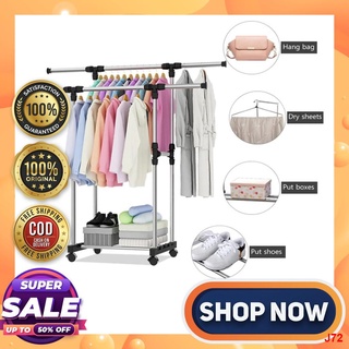 ◘❖Stainless Steel Drying Laundry Rack With Castors Dryer Rack Double Rail Hanging Clothes Rack